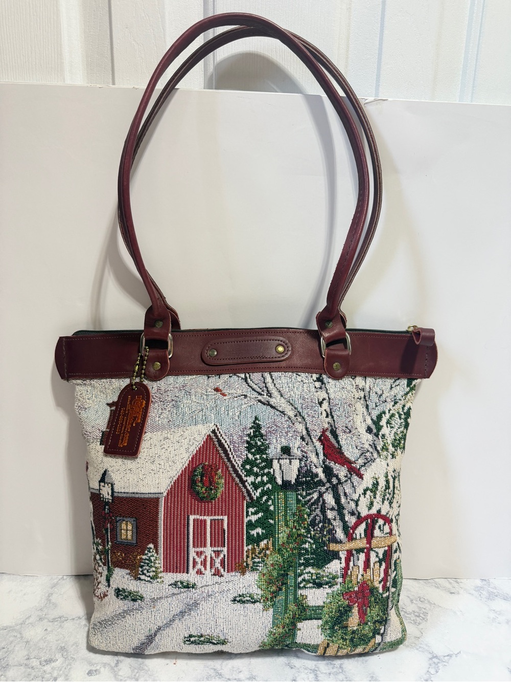 Down Home Leather red festival holiday snow tapestry winter village tote bag
